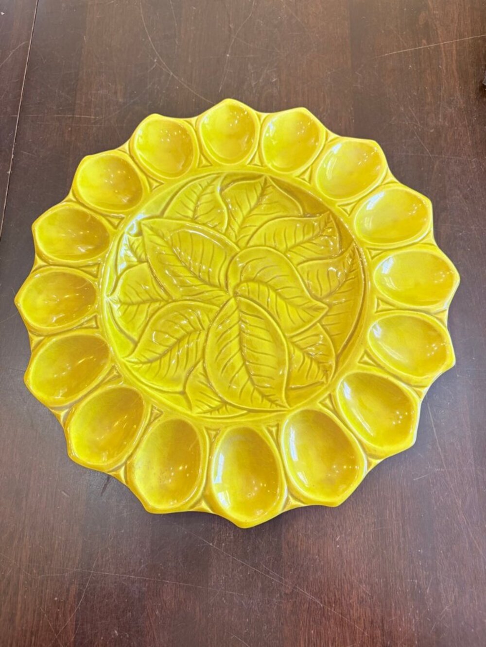 Vintage California Pottery USA Yellow Deviled Egg Plate S34 Leaf Pattern Kitchen